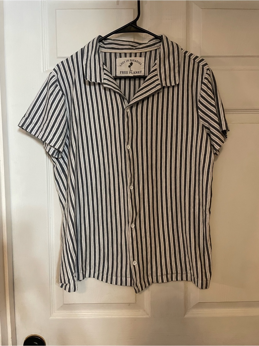 Free Planet Men’s Short Sleeve Vertical Stripe Button-Up Shirt - Black & White